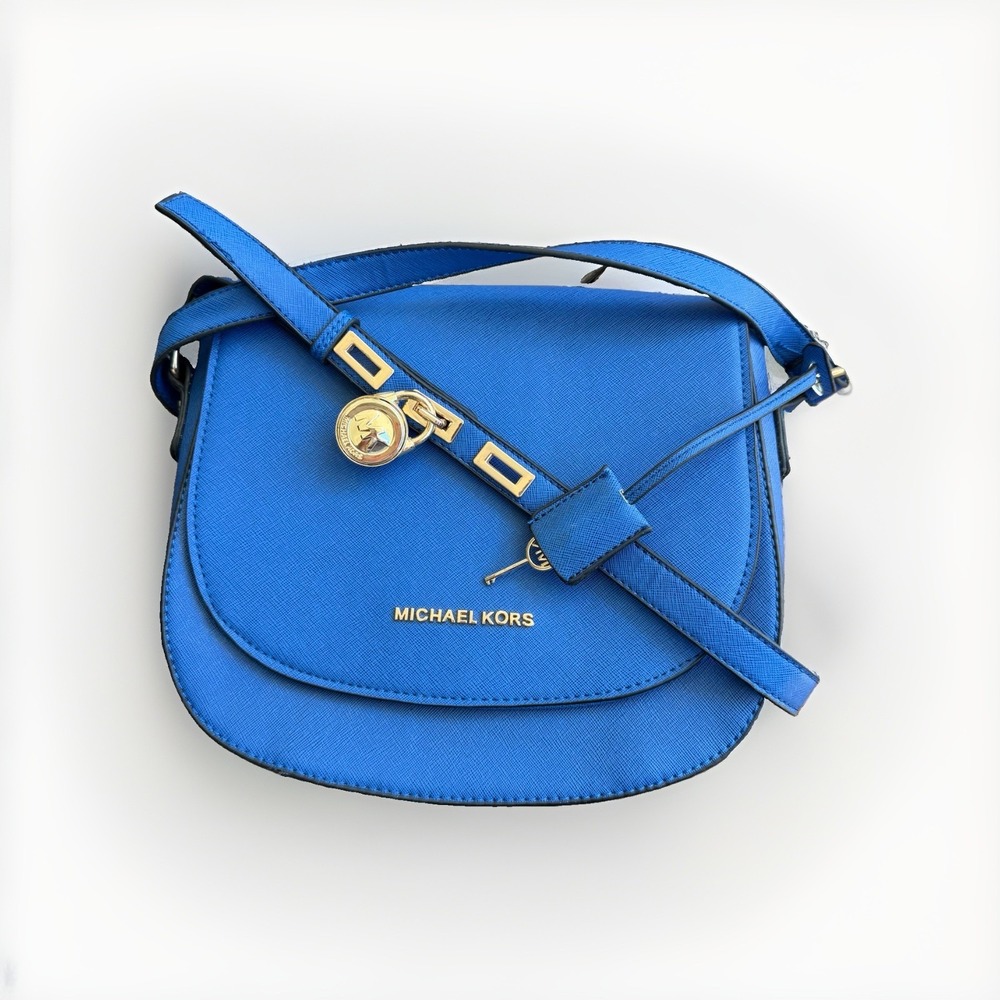 Michael Kors Hamilton Crossbody Bag Blue Saffiano Leather Flap Lock Key Purse